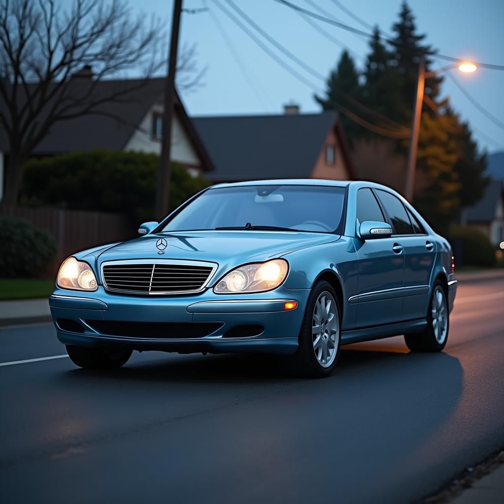 Light Blue Mercedes S500 at Dusk, Cinematic Style