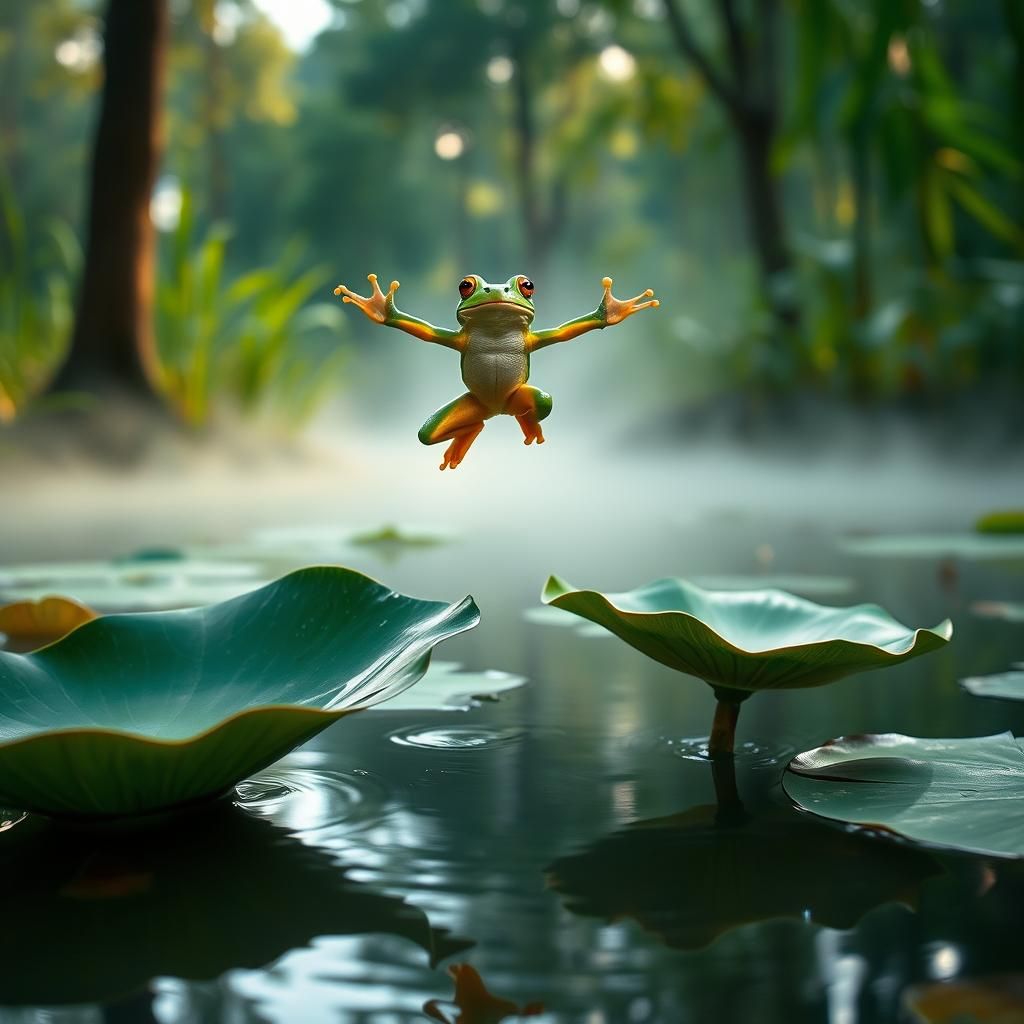Cinematic Frog Leaps in Misty Pond