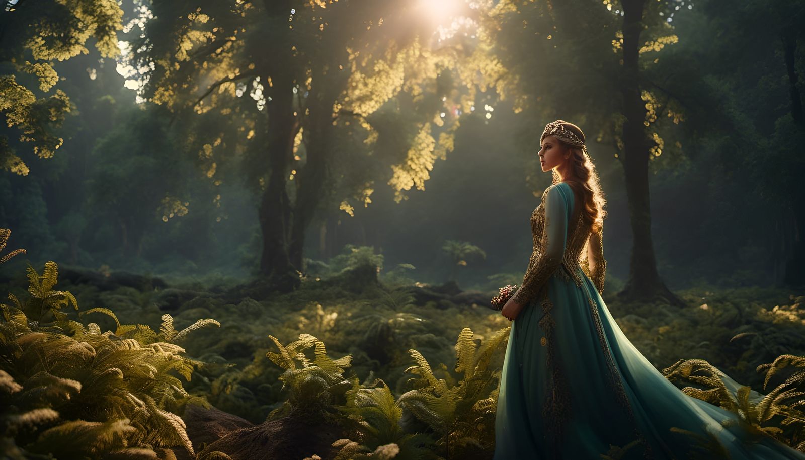 Woman in Blue Robe in Forest Clearing