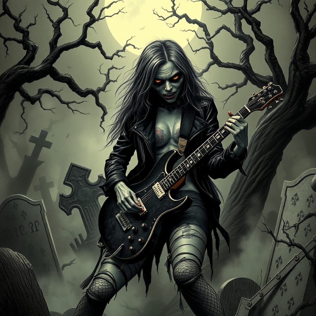 Gothic Zombie Rocker Shreds Guitar in Misty Graveyard