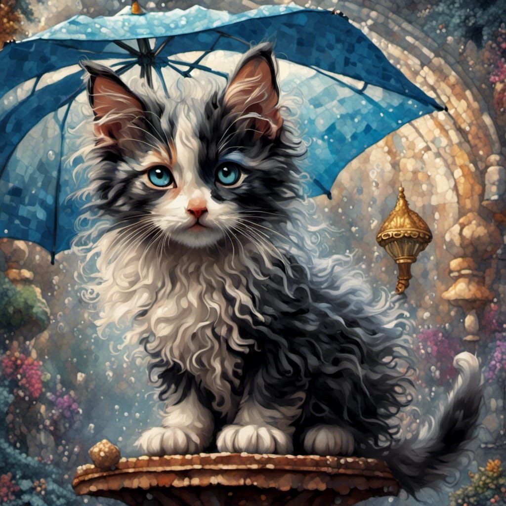 Long-Haired Kitten Under Umbrella in Digital Painting
