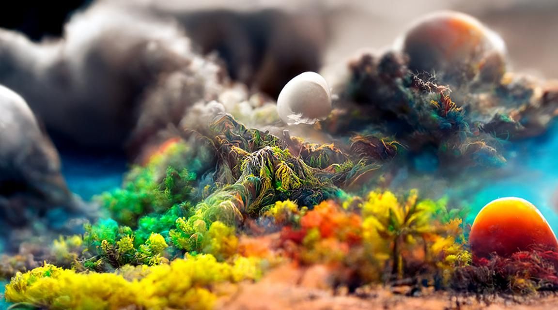 Inverted Rainbow Sky Over Tropical Sci-Fi Landscape