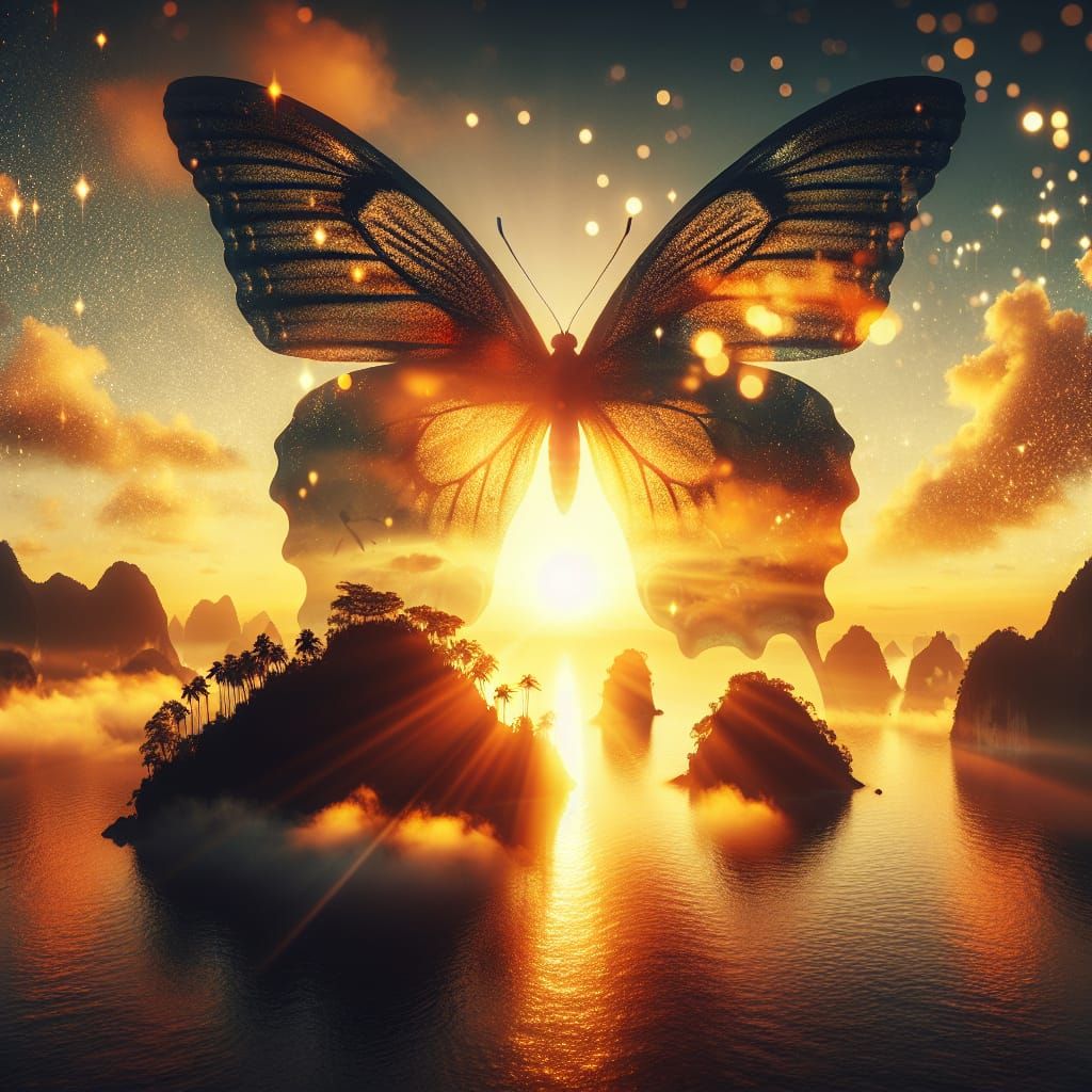 Butterfly Cosmos Over Tropical Island Sunset