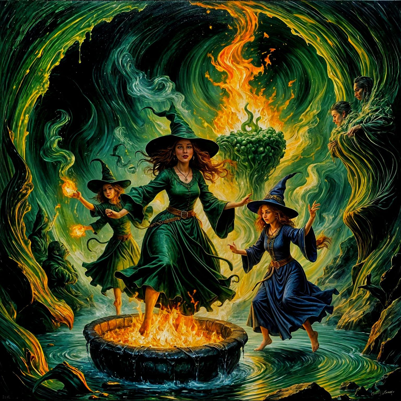 Witches Dancing Around a Bubbling Cauldron, Oil Painting
