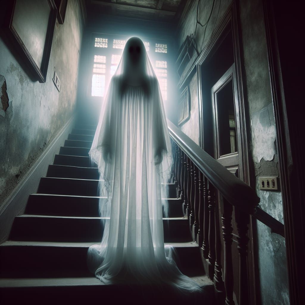 Ethereal White Lady Haunting Old Staircase
