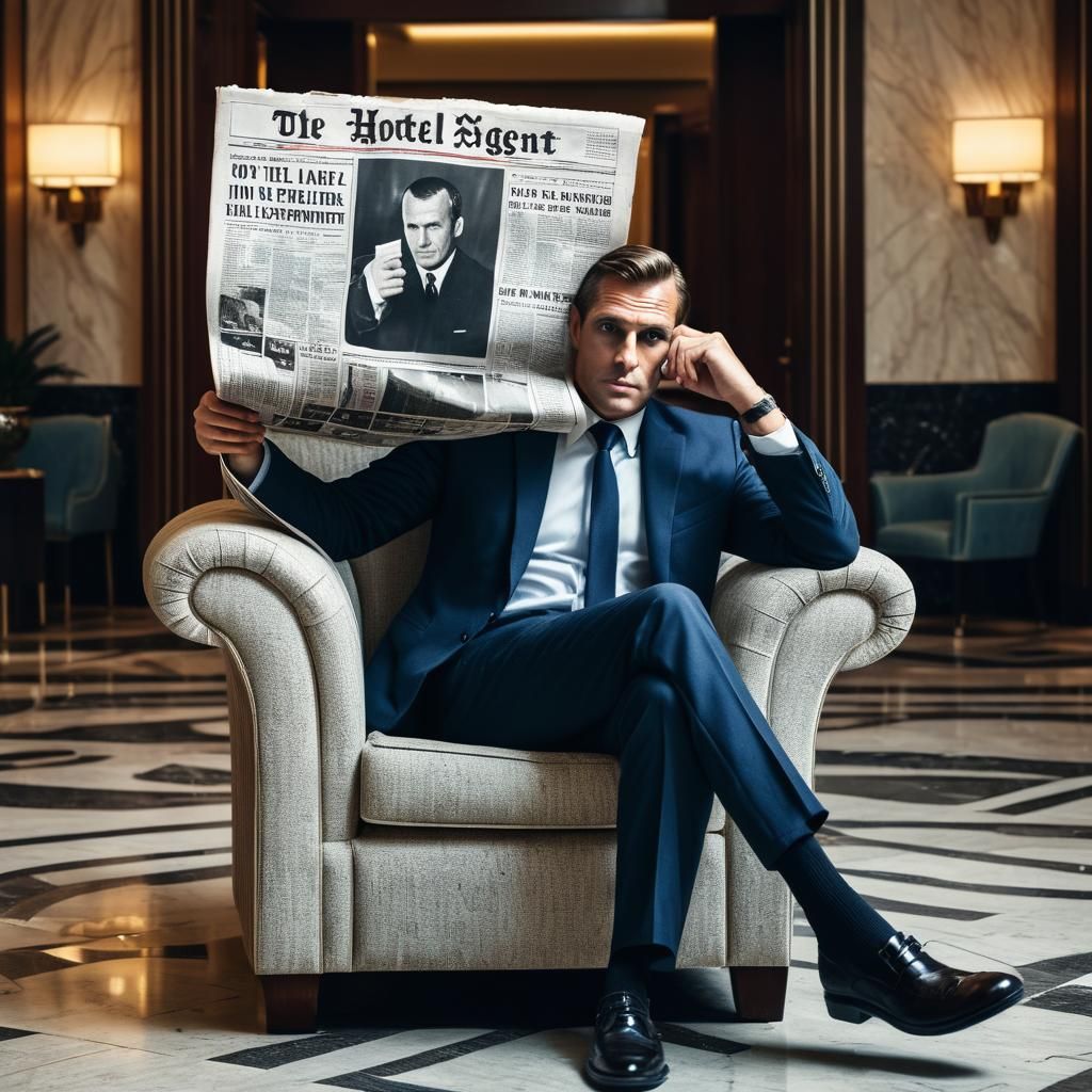 Secret Agent Observing People in Hotel Lobby