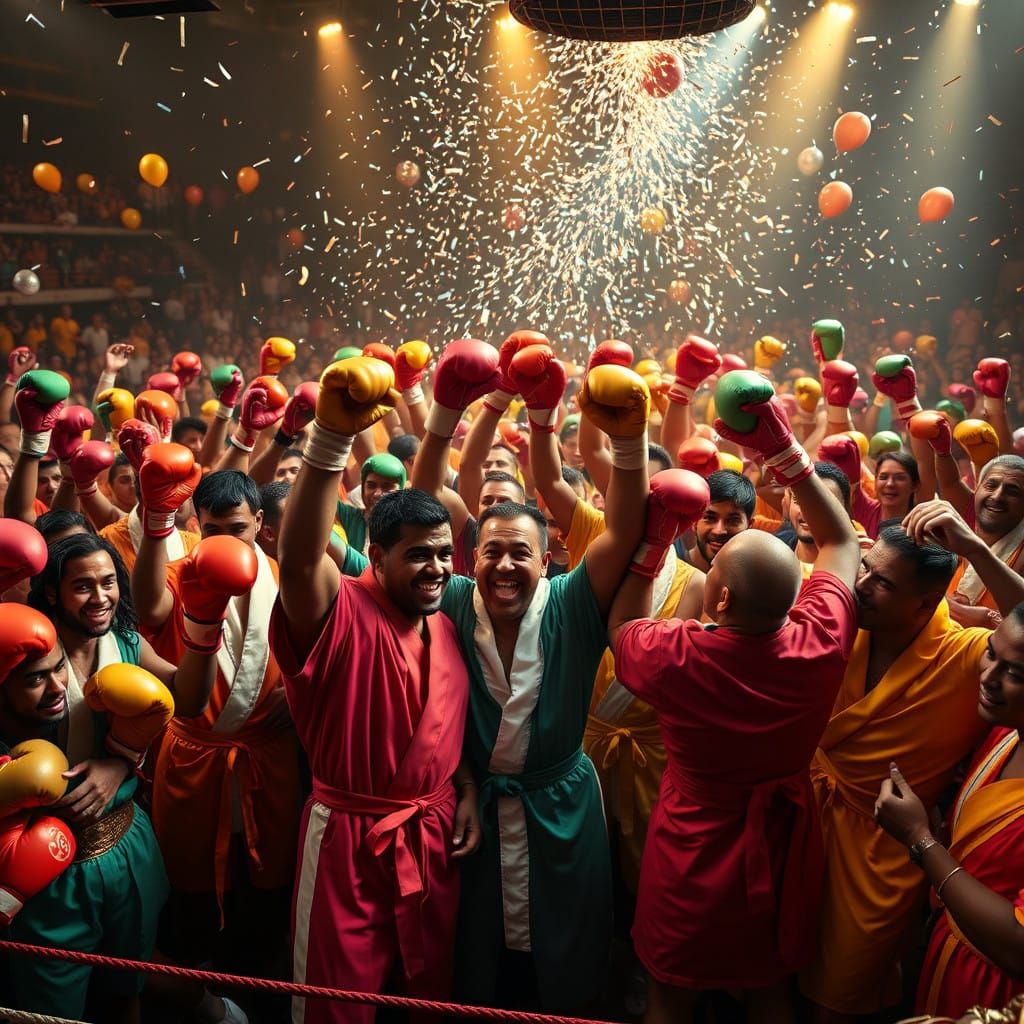 Vibrant Boxing Celebration in a Chaotic Arena