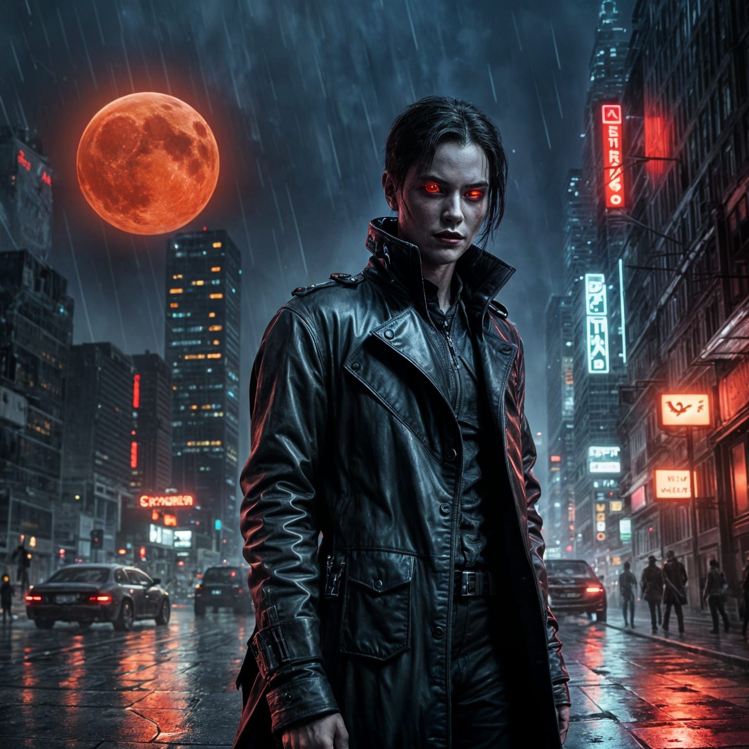 Cyborg Vampire Stares Up at a Blood Red Moonlit City