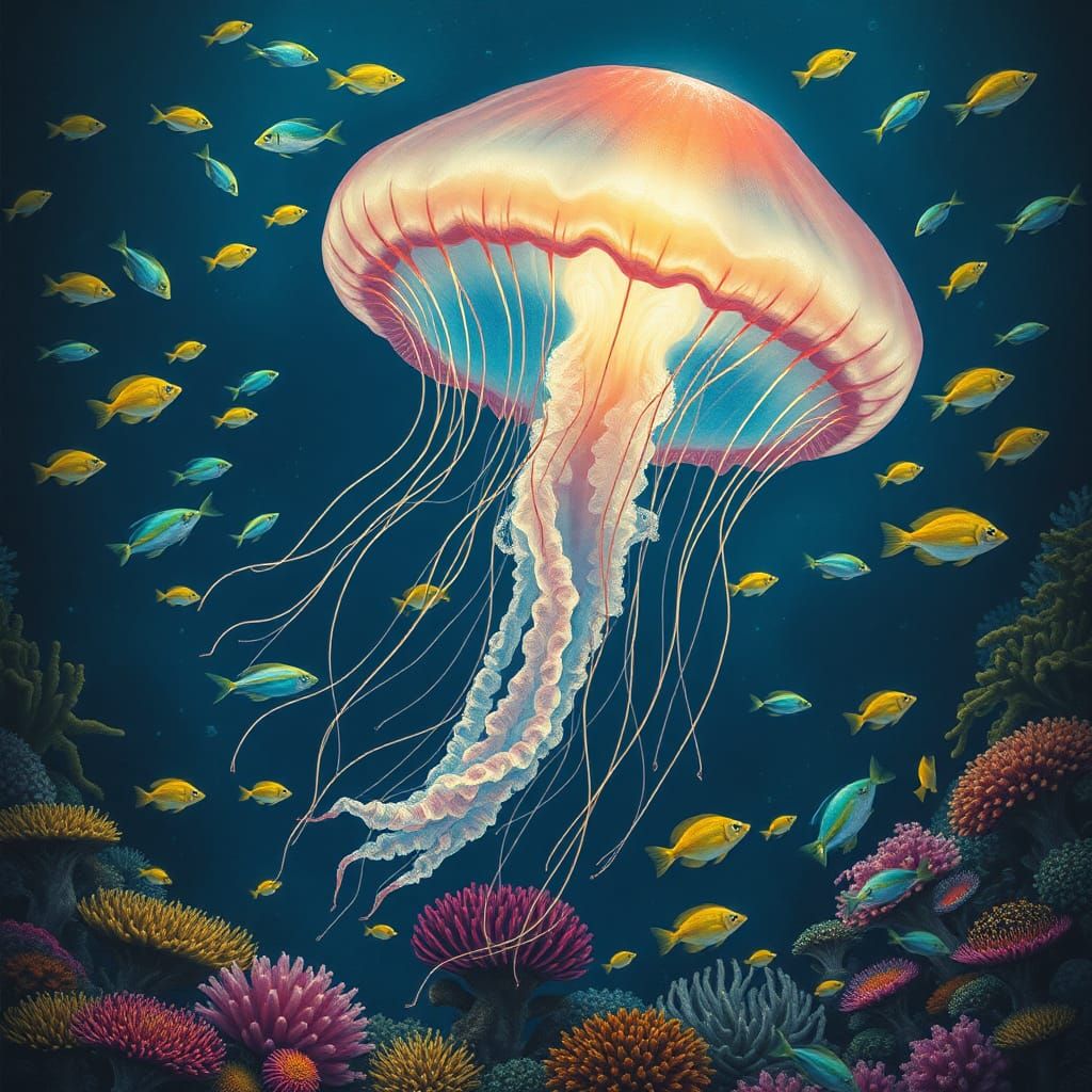 The dinner plate jelly in the deep sea full of tropical fish...