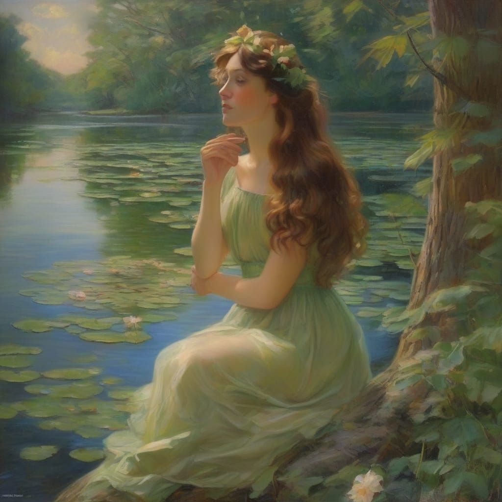 Ethereal Maiden by Riverbank in Pre-Raphaelite Style