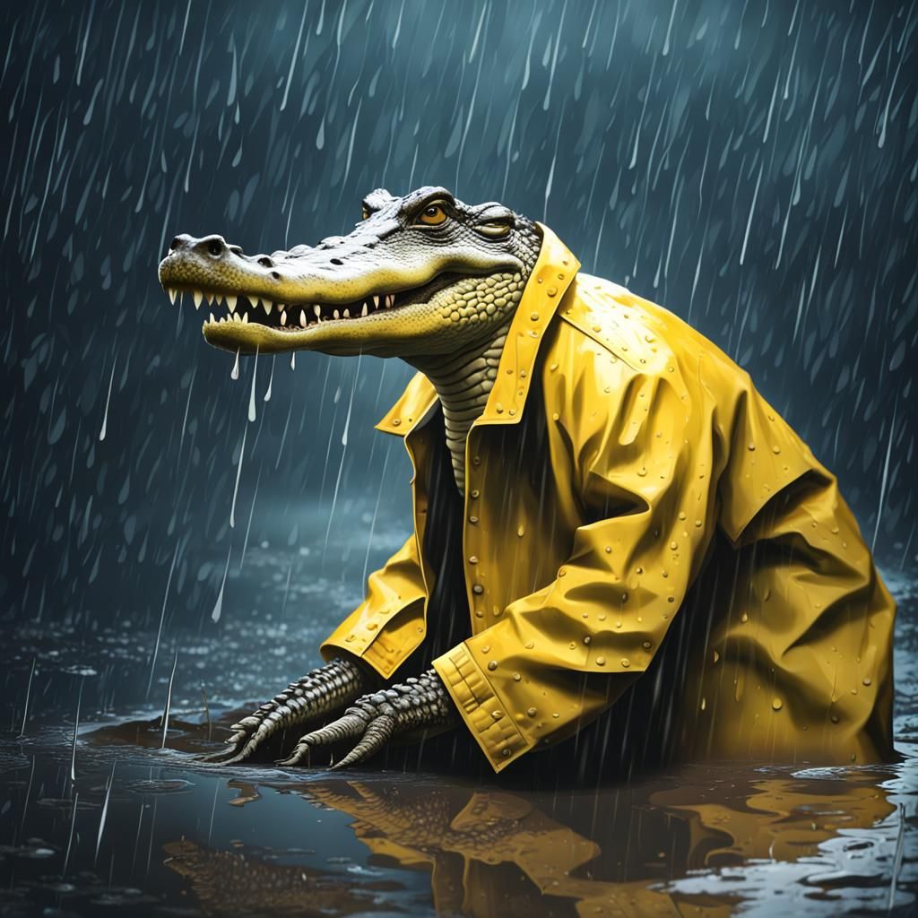 Crocodile in Yellow Raincoat Amidst Night Flood