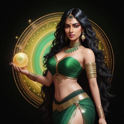 Beautiful indian black young woman with green eyes and long wavy black hair wearing an Inian Bollywood costume