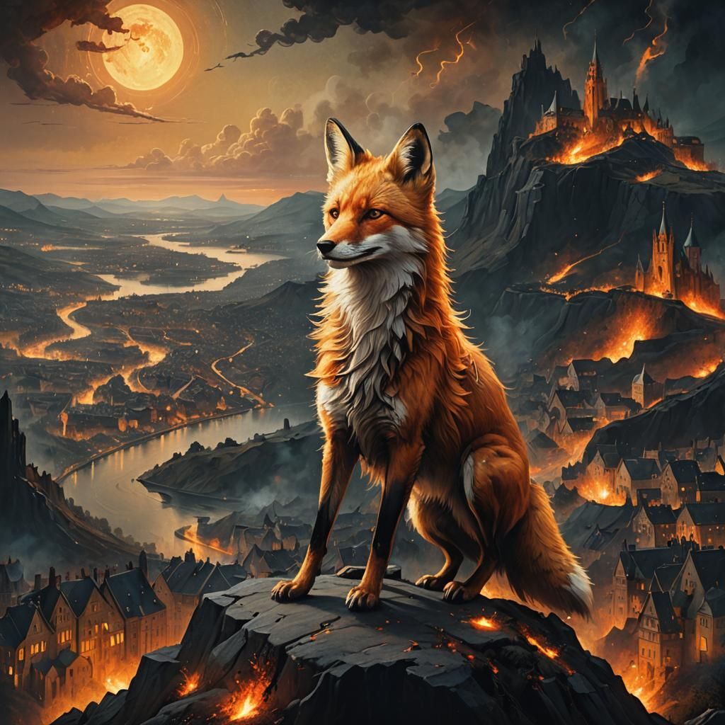 Mystical Fox Overlooking Ancient City as Oil Painting