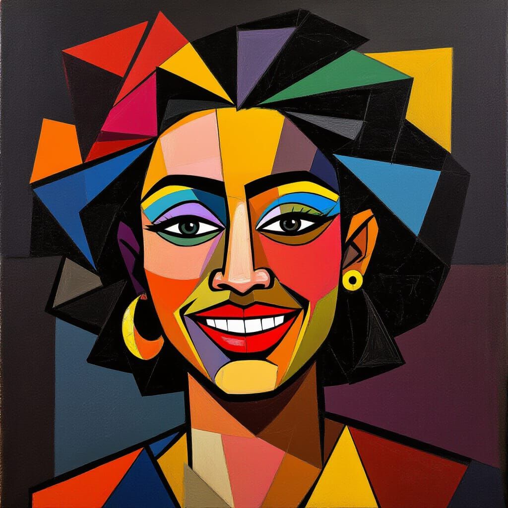 Abstract Portrait of Smiling Woman in Cubist Style