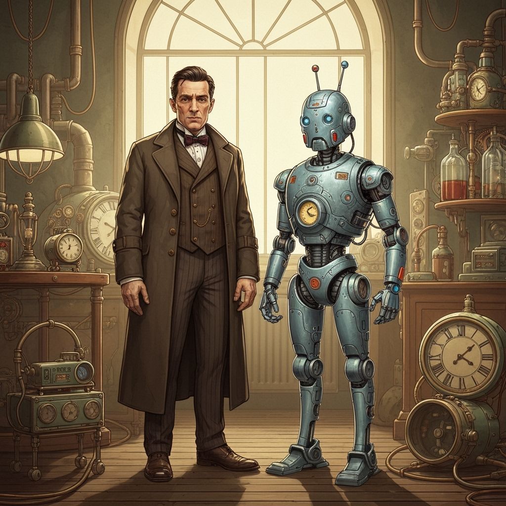 Steampunk Inventor & Futuristic Robot in Old Lab