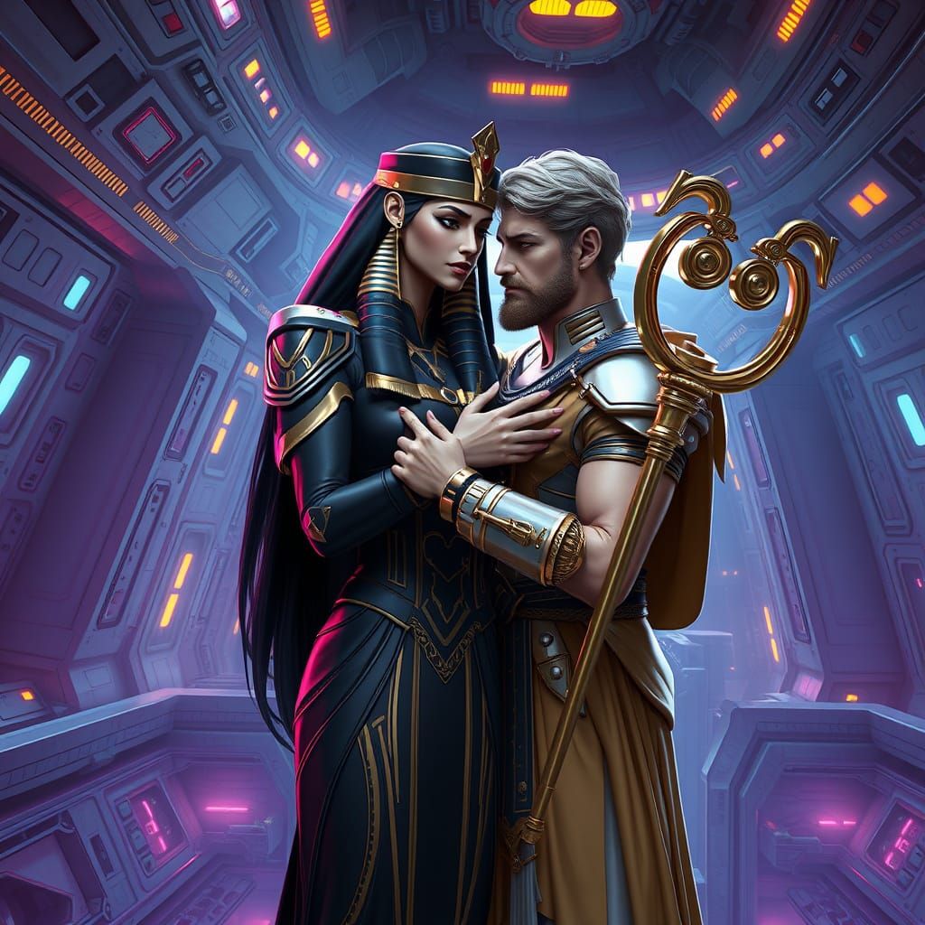 Sci-Fi Mythology Love Scene: Goddess and God Embrace