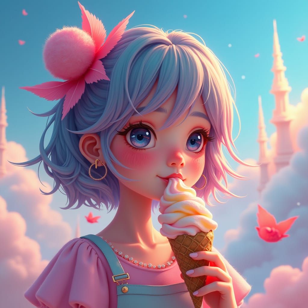 Girl with Ice Cream in Dreamy Fantasy Landscape