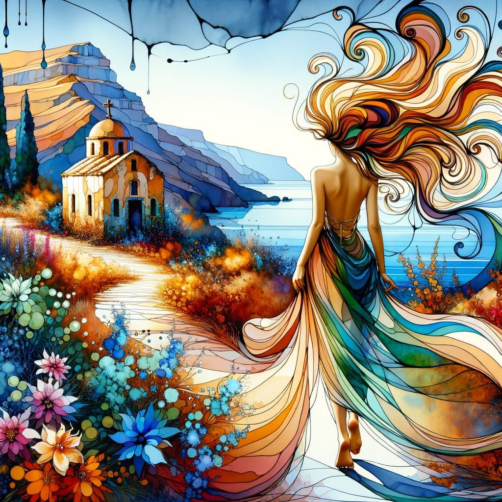 Santorini Summer: Elegant Greek Woman in Alcohol Ink Style