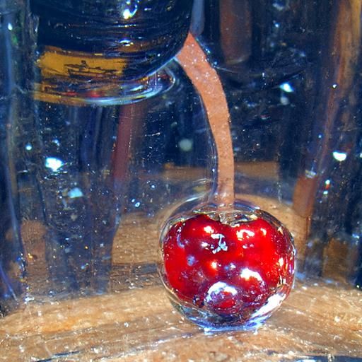 A red cherry covered in carbon bubbles that is sitting in the bottom of a glass container that is full of water