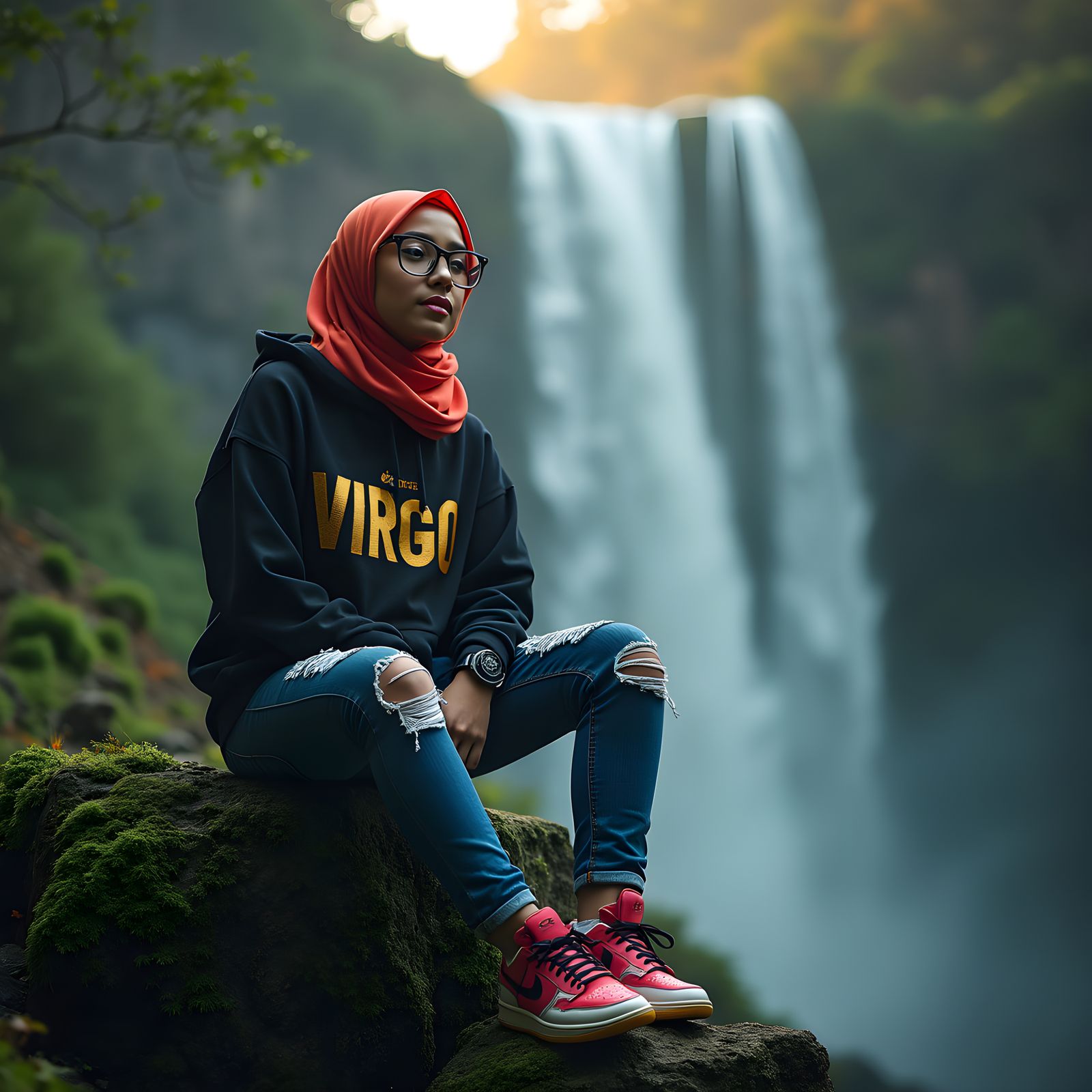Stylish Woman with Hijab at Waterfall, Photorealistic