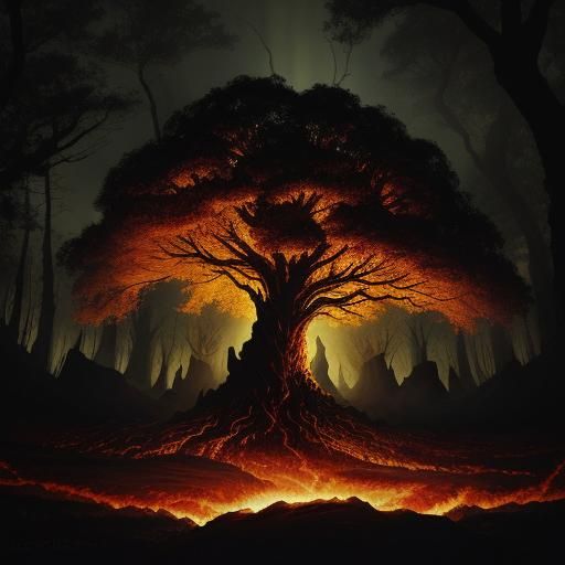 Lava Man and Pumpkin in Dark Autumn Forest
