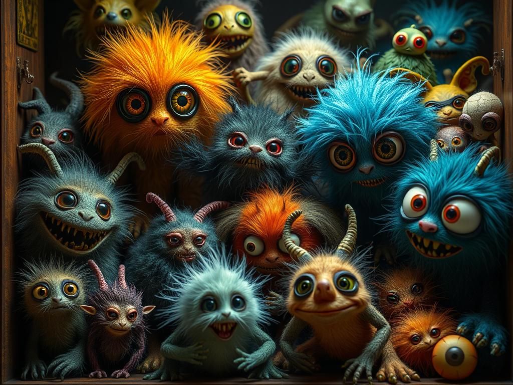 Cute Silly Monsters in Whimsical Cabinet of Curiosities