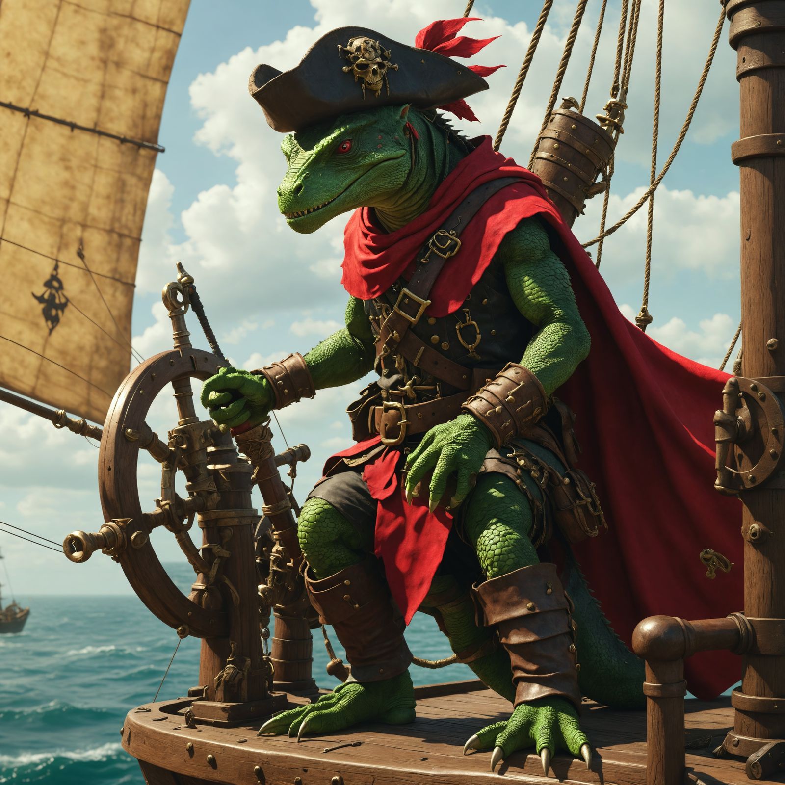 Lizardman Pirate at the Helm with Bow