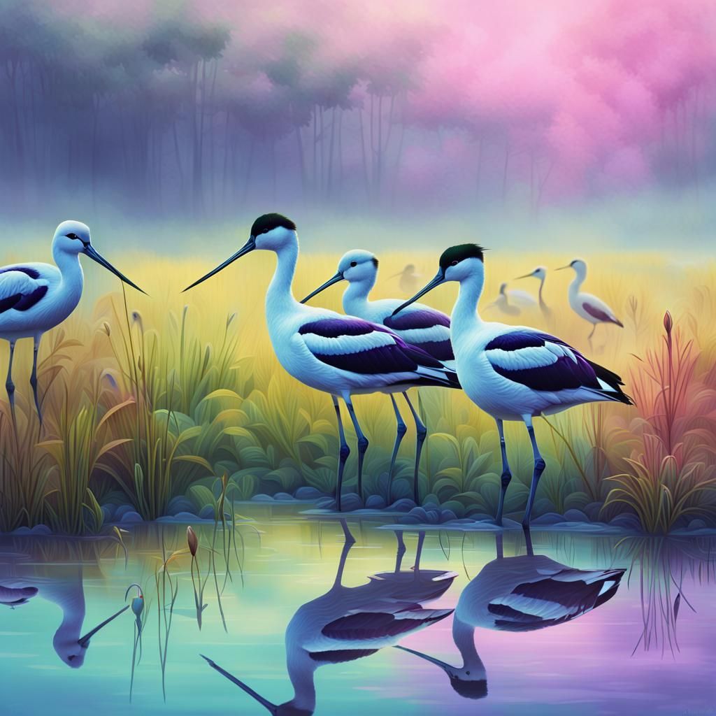 Rainbow Avocets Sleeping on Misty Marsh: Magical Realism