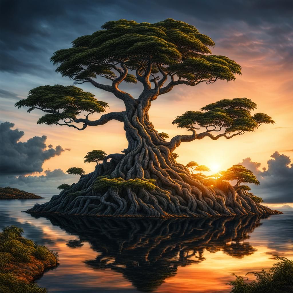 Island Tree at Sunset: Hyperrealistic Composition