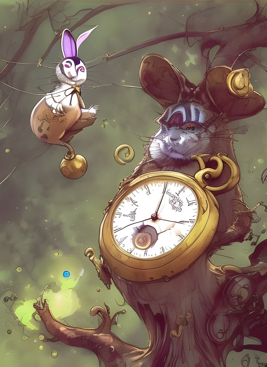 White Rabbit in Mystical Forest, Crayon Caricature