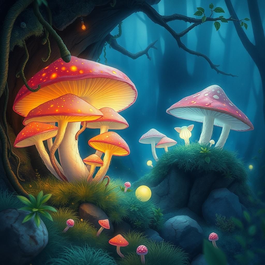 Glowing Mushroom Colony in Misty Forest
