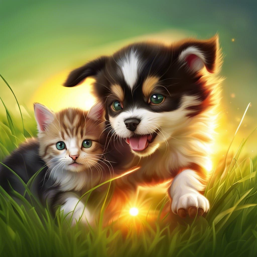 Kitten and Puppy Playing at Sunrise: Hyperrealistic Art