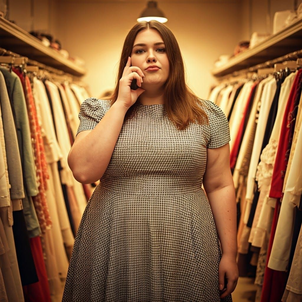 Chubby Crossdresser Poses in Girlish Dress Shop