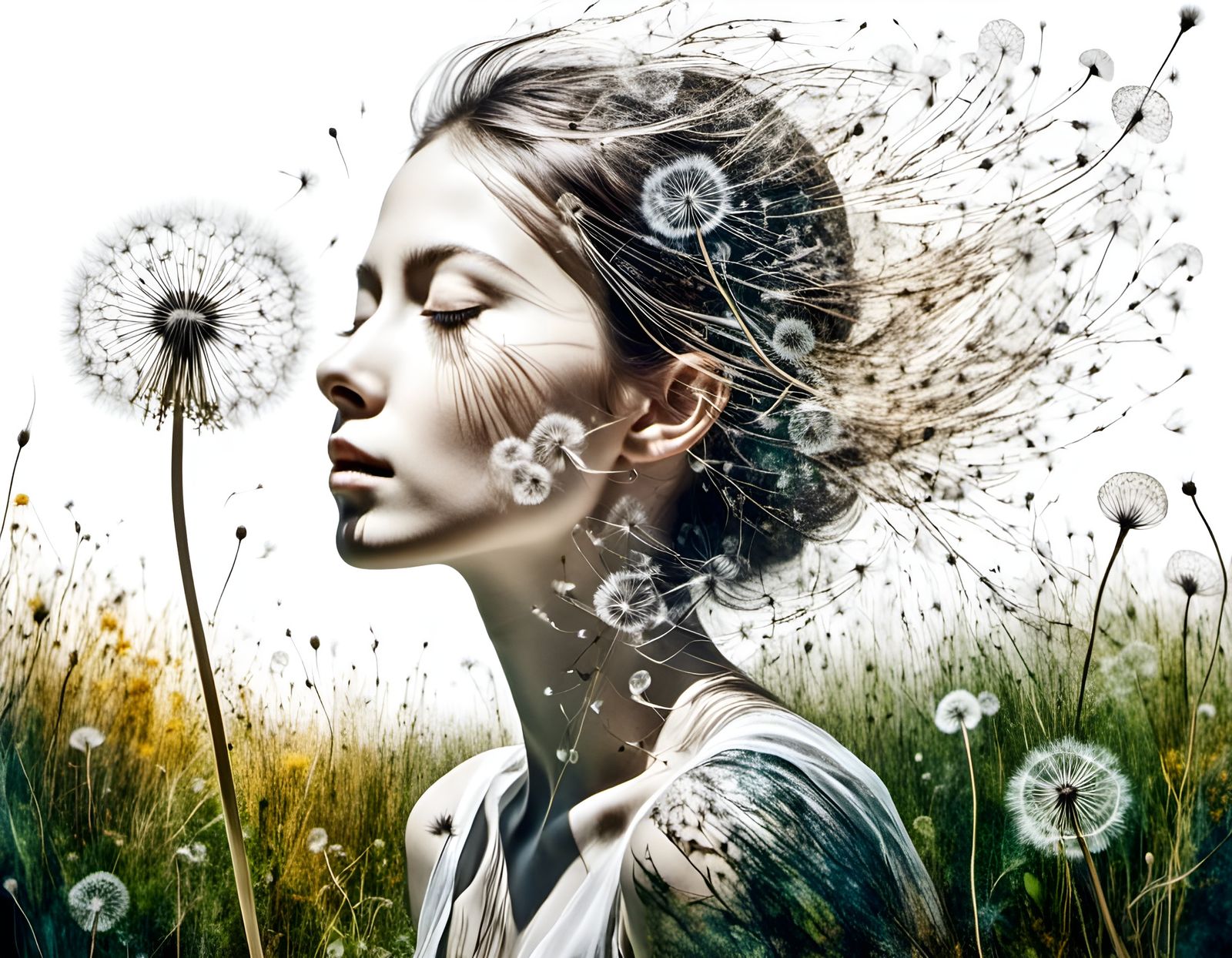 Double Exposure: Portrait and Dandelion in Linework