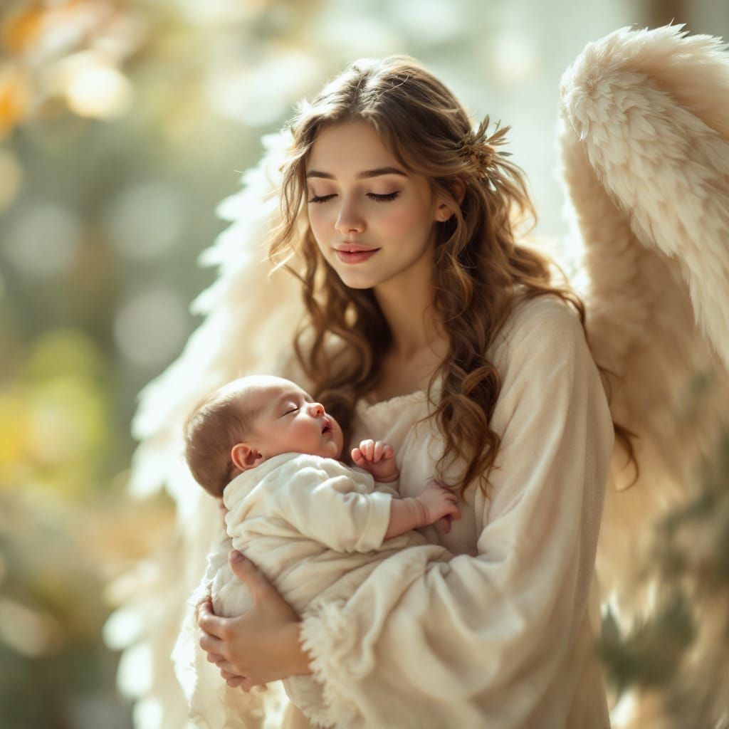 Angel Gently Cradles Serene Baby in Soft Light