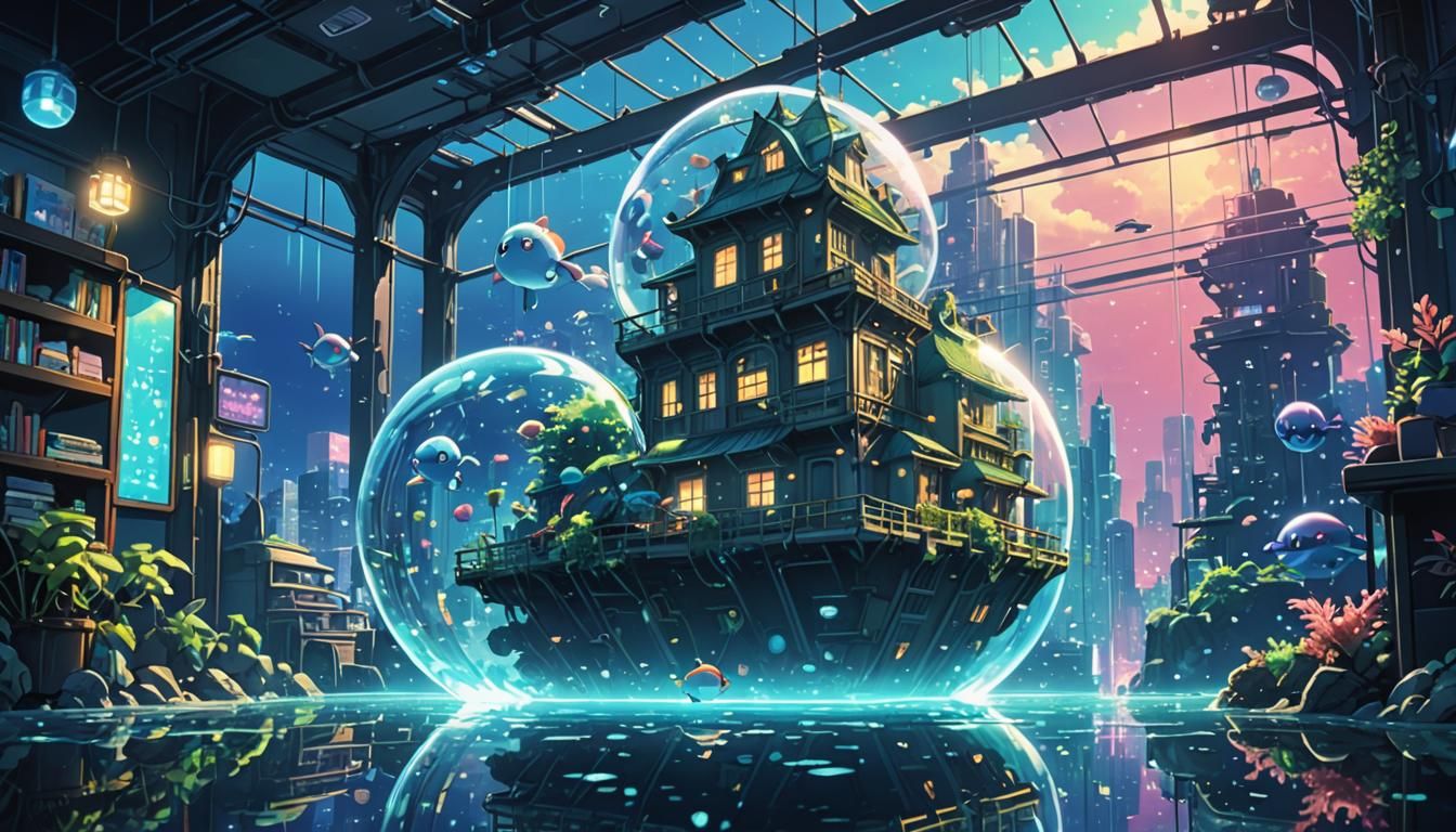 Underwater City with Pokémon in Synthwave Style