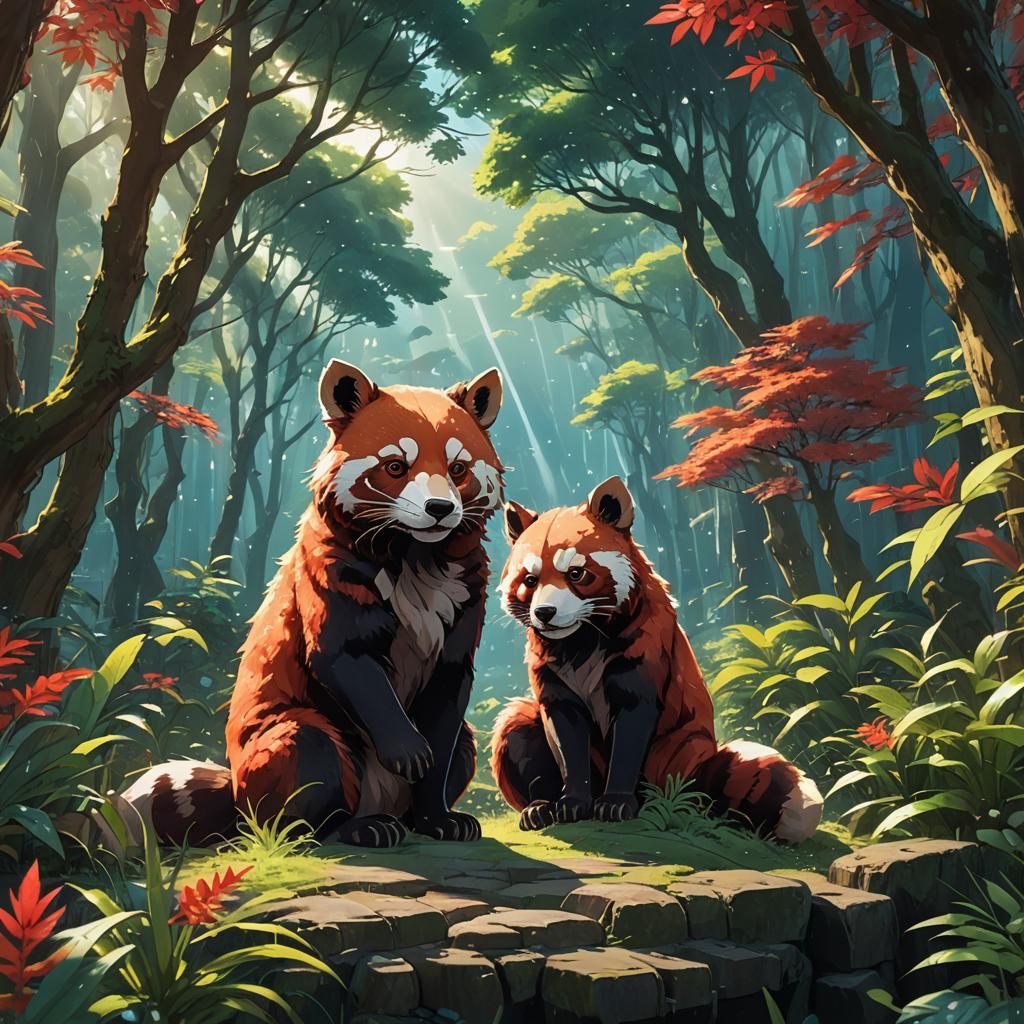 Red Wolf Panda Sea: Studio Ghibli Anime Art