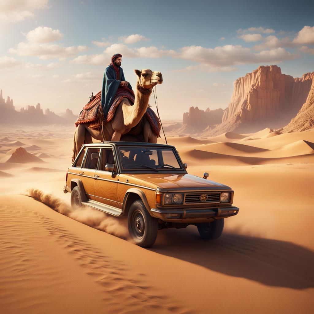 Camel Drives Car Across Desert: Fantasy Concept Art