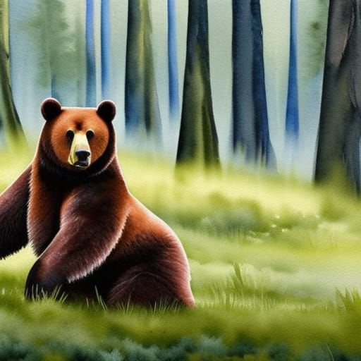 Watercolor Illustration of a Huge Bear in Woods