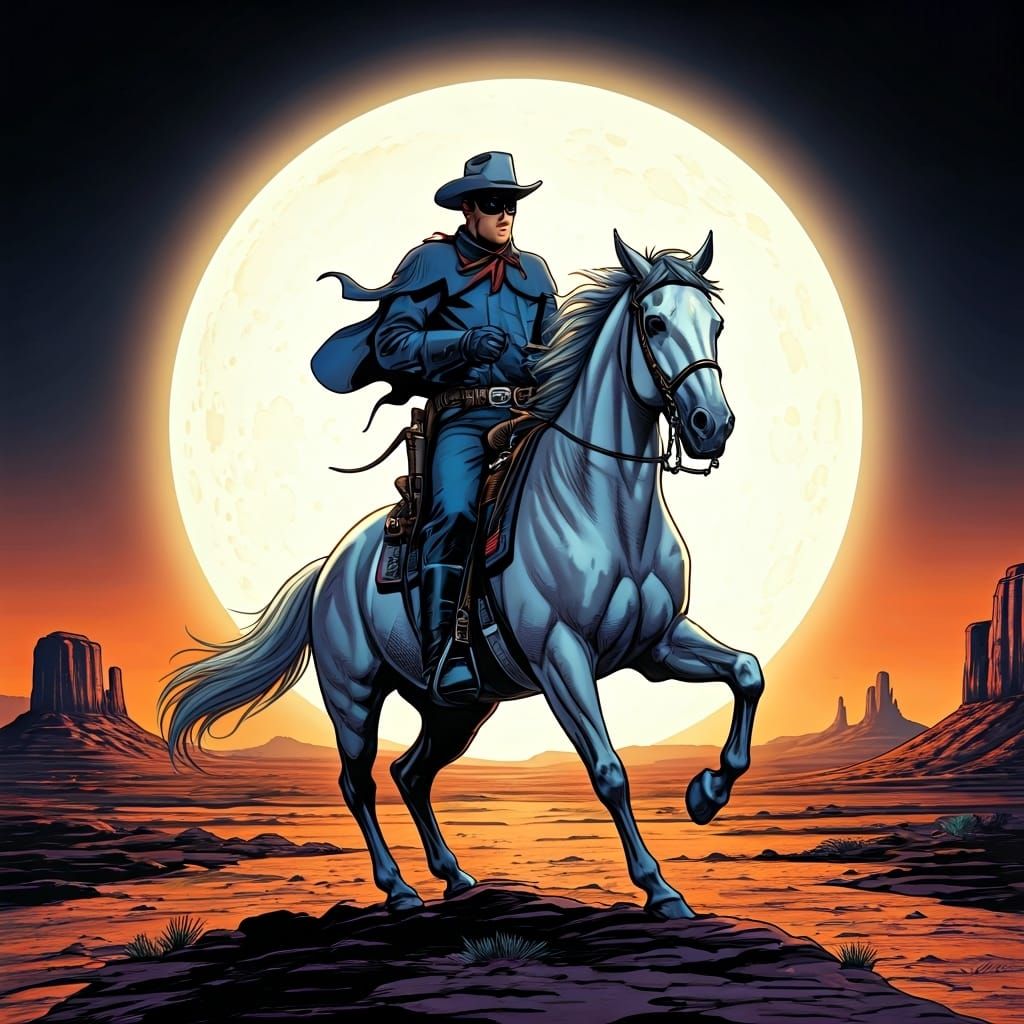 The Lone ranger, riding his horse silver, both striking a dramatic pose against a large desert full moon