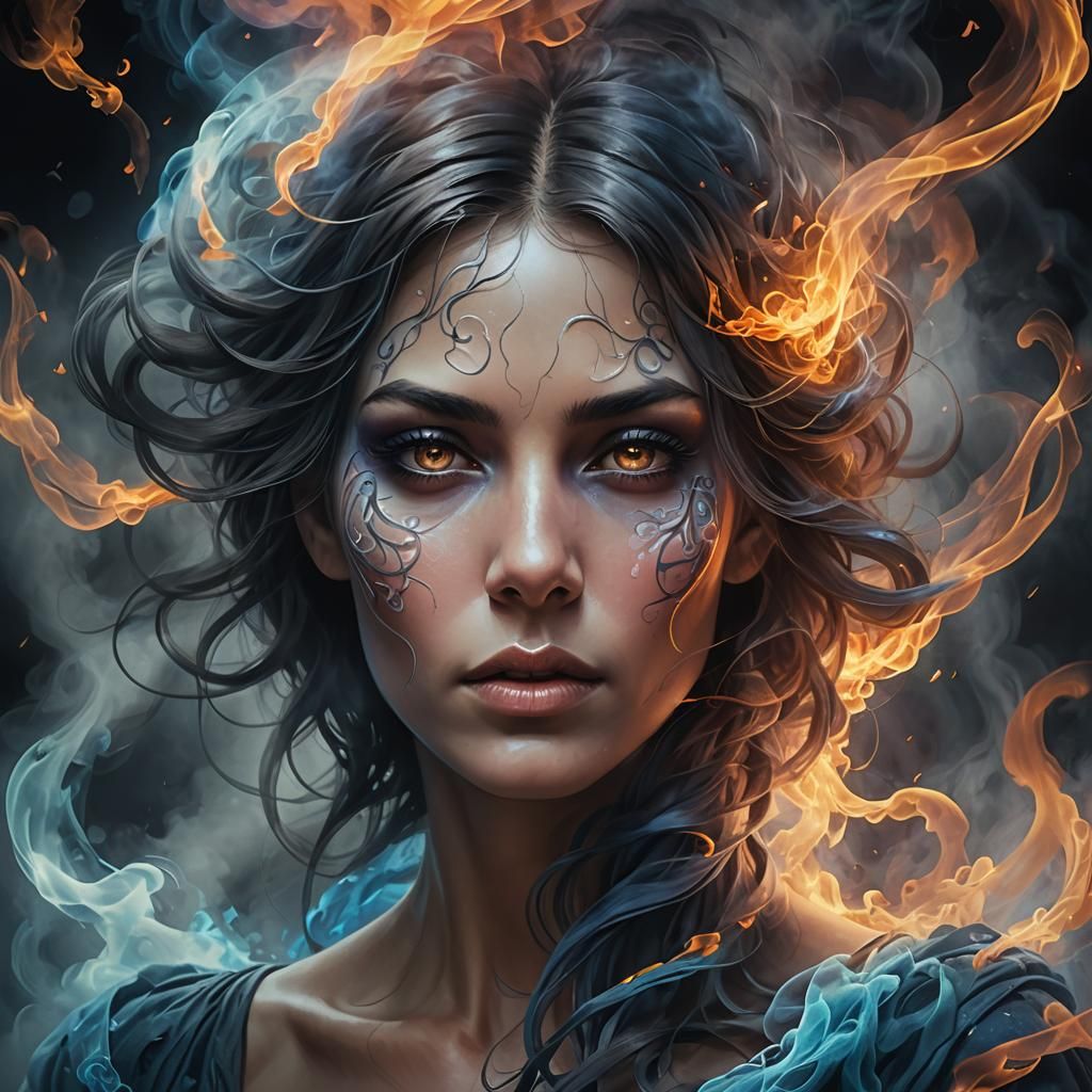 Ethereal Woman Made of Smoke in Art Nouveau Style