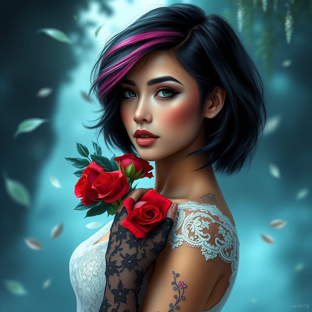 Latina Woman Portrait with Floral Tattoos
