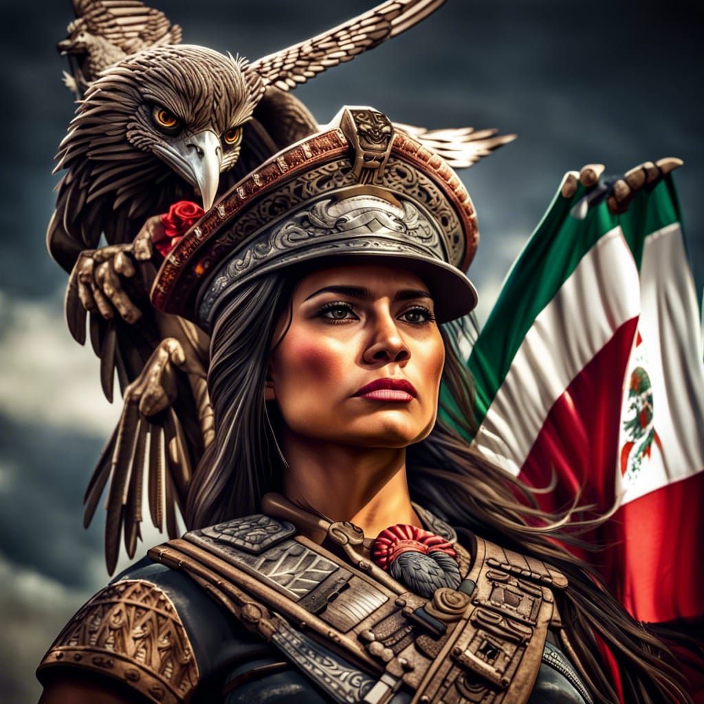 Mexican Aztec Warrior with Flag and Eagle