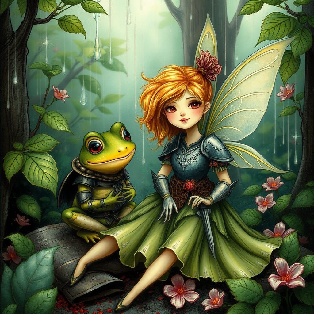 Whimsical Fairy Sits Beside Frog Warrior in Dreamlike Forest