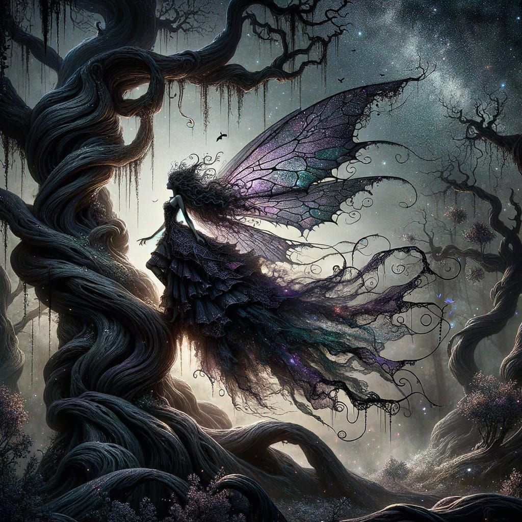 Gothic Fairy Silhouette Against Starry Night Sky