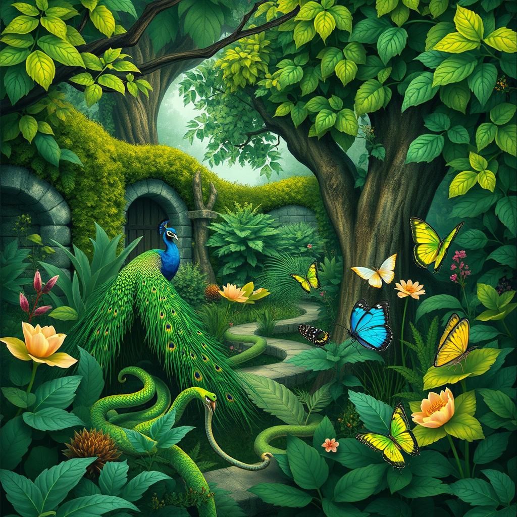 Lush Garden Oasis with Peacock and Green Wildlife