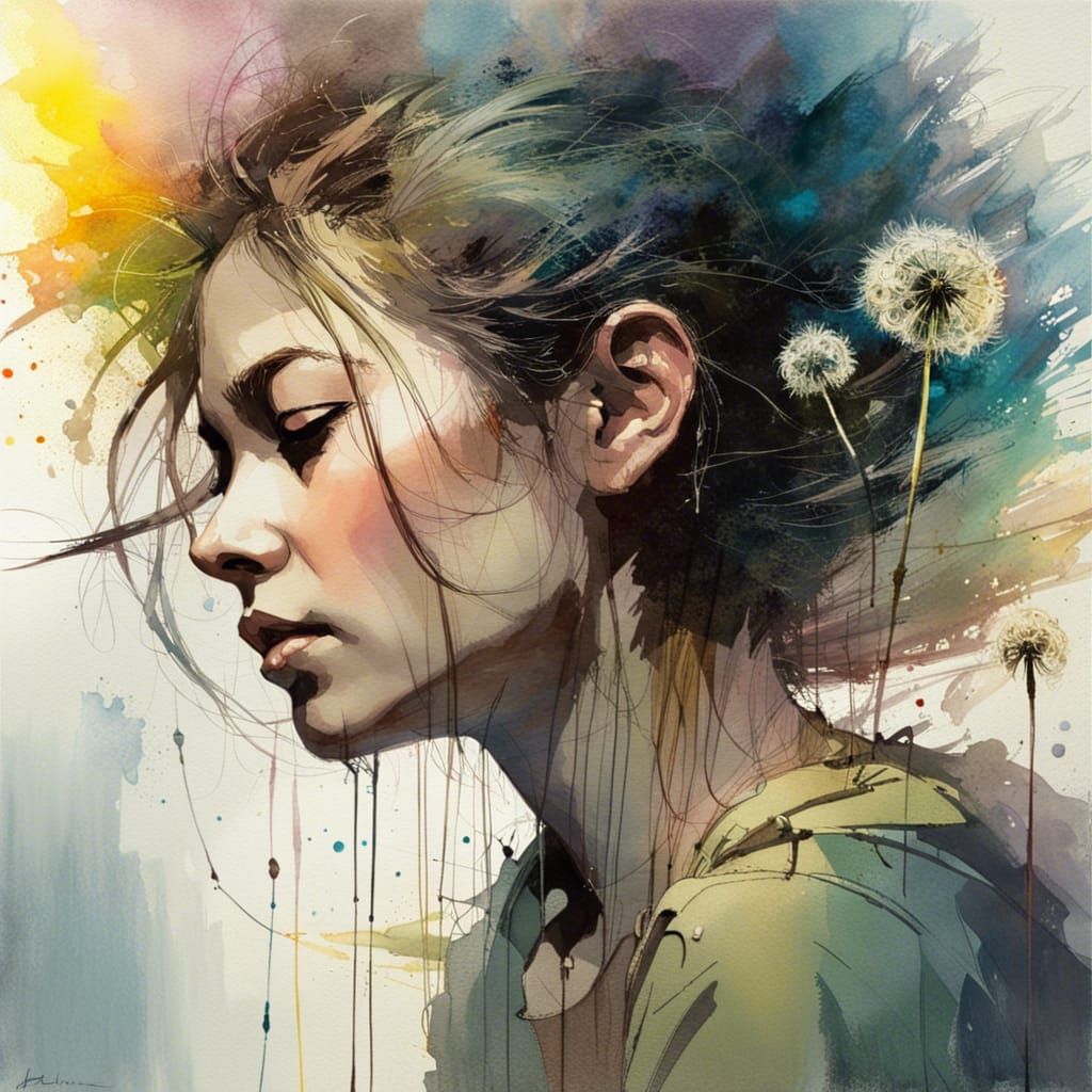 Dandelion in the Wind: Watercolor and Ink Painting