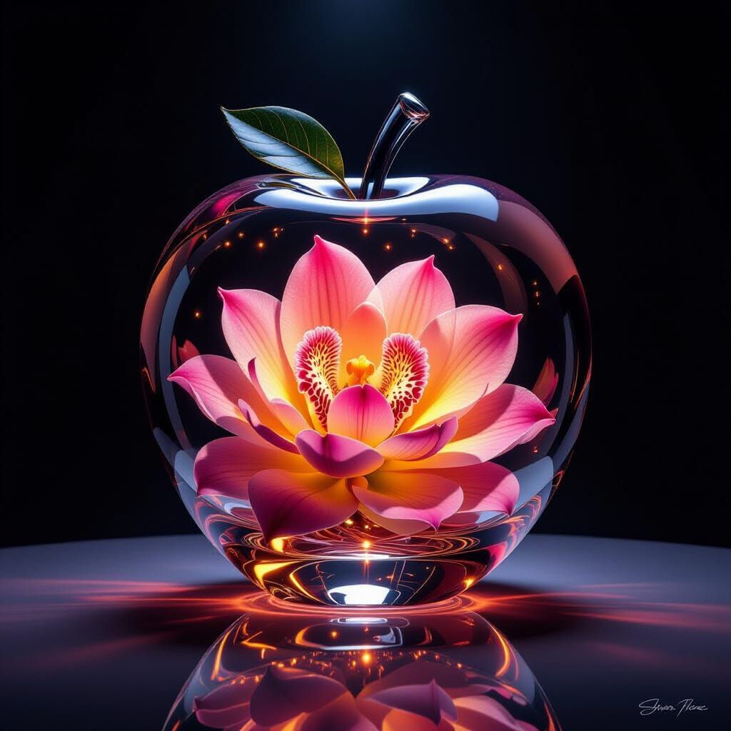 Glass Apple Sculpture with Glowing Petals: Macro Photography