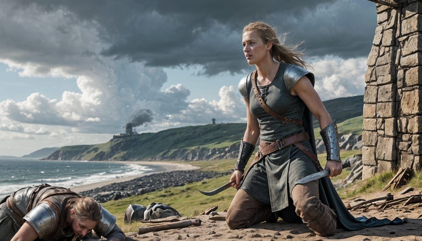 Viking Warrior Woman Empowered on Rugged Seashore as Drakkar...