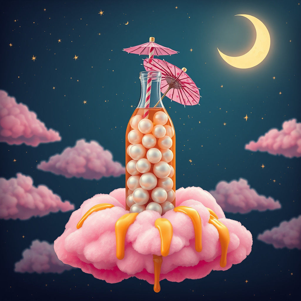 Boba on Pink Cloud in Dreamlike Night Sky